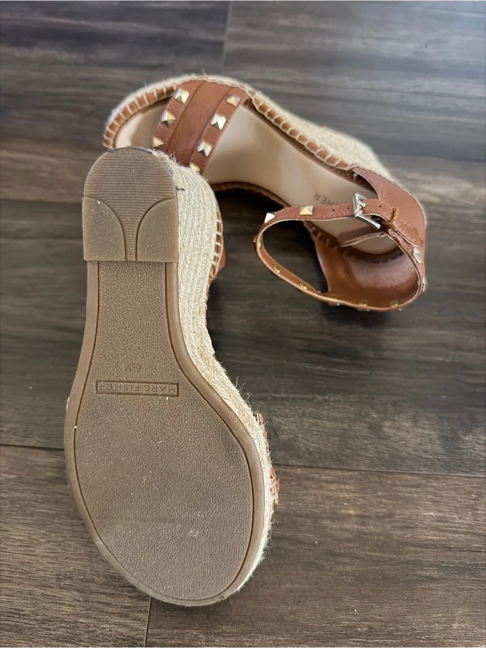 Marc Fisher Brown Leather Studded Espadrille Wedges Sandal